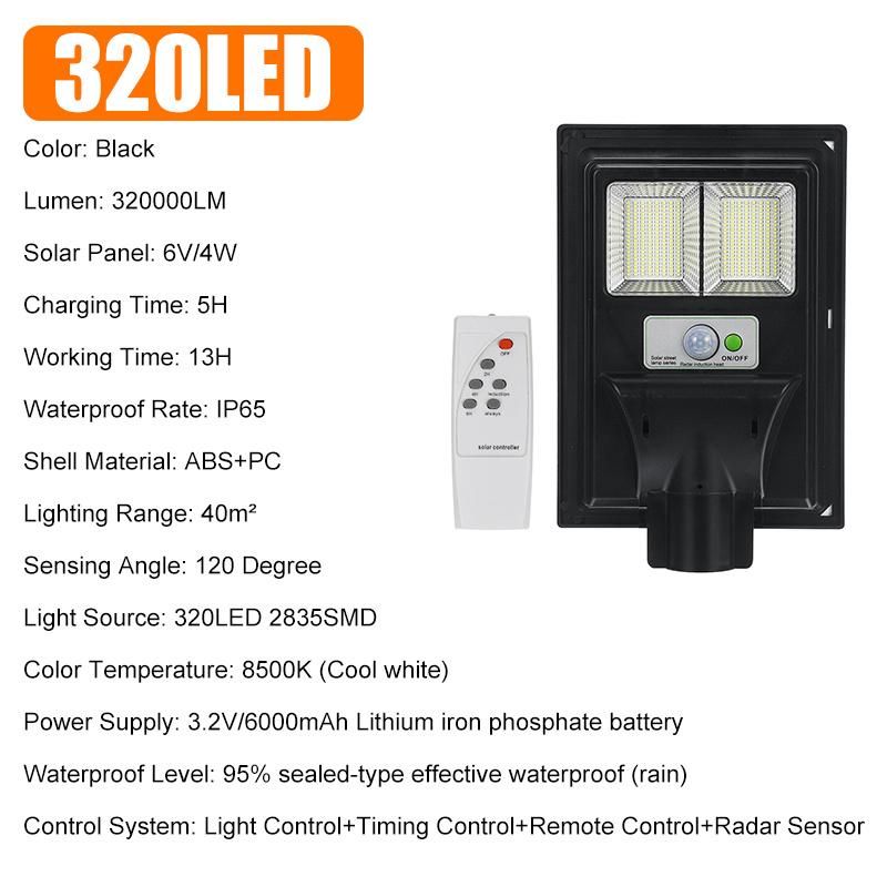 500W/800W/1000W/1200W LED Super Bright Solar Lamp Wall Street Light with Radar PIR Motion Sensor