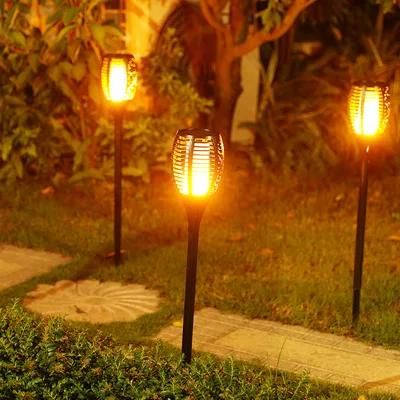 Dancing Flame Torch Flickering Fire Knit Rattan Design Round Column Post Stake Solar Outdoor Garden Courtyard Lawn Decoration Light