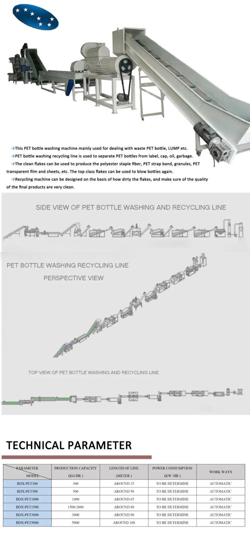 Complete Pet Recycling Line Include Grinding Washing Drying and Re-Granulation