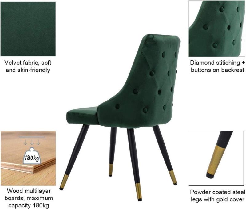 Nordic Velvet Set of 2 Kitchen Chair with Metal Legs Fashionable Upholstered Chair for Green Dining Room Chairs