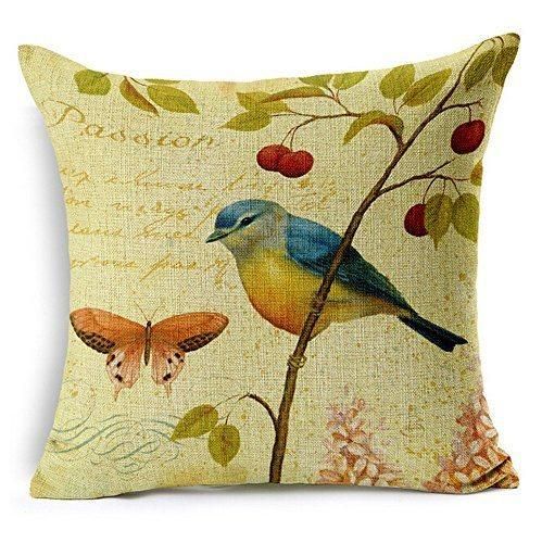 Cozy Bird Printing Throw Cushion on Sofa Linen Fabric