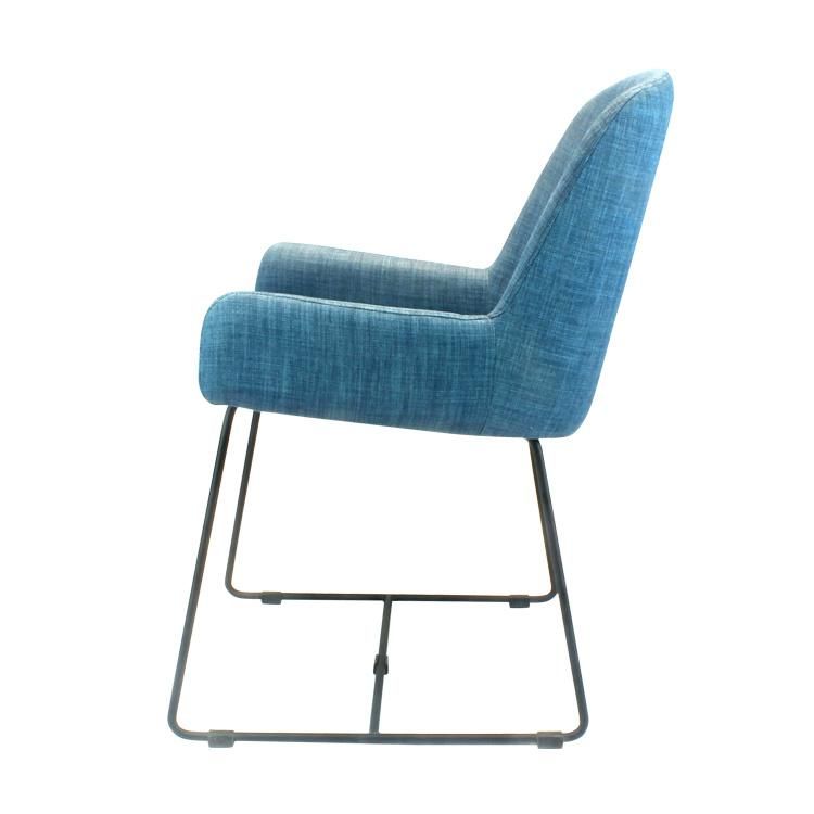 Blue Fabric Seat Armrest Metal Legs Dining Chair for Restaurant Use