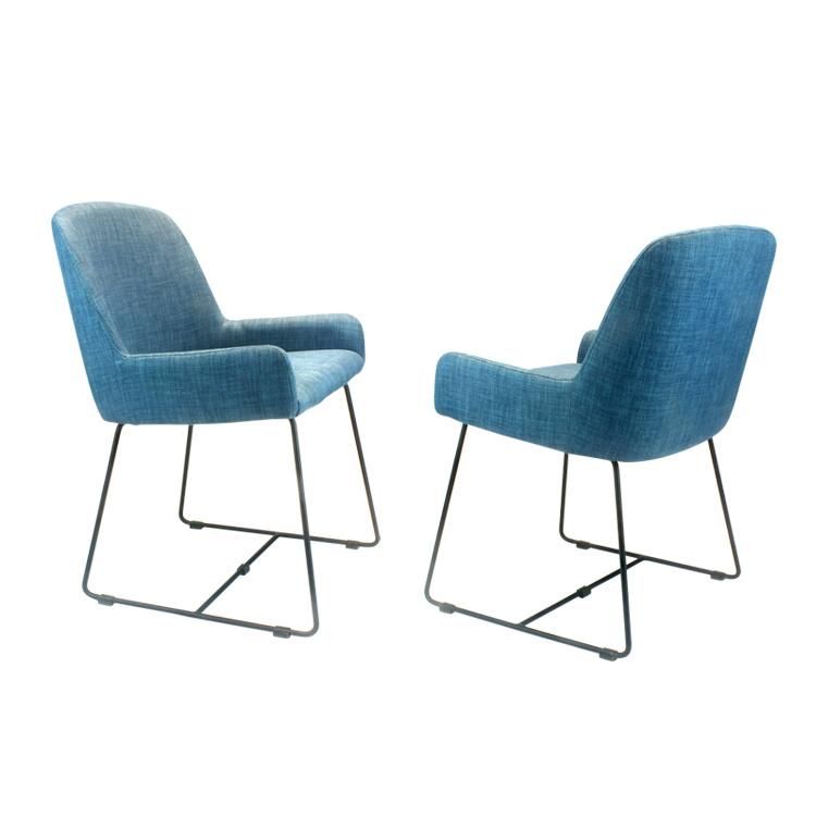 Blue Fabric Seat Armrest Metal Legs Dining Chair for Restaurant Use