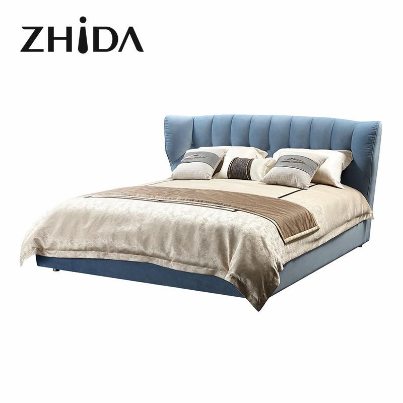 Zhida Luxury Upholstered Fabric Bed Hotel Bedroom Sets Queen King Size Bed Room Furniture Modern Home Frame Wood Beds