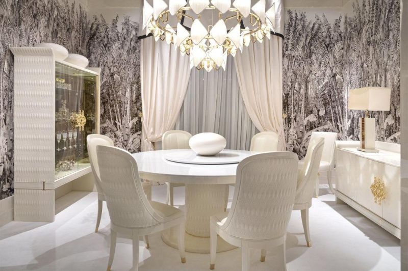 Italian Luxury Dining Room Wooden Base Fabric Upholstery Round Restaurant Table Dining Table with Rotating Center Stone White Marble Top