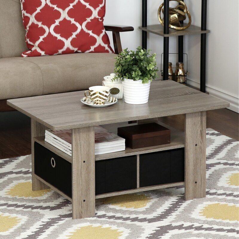 Kenton French Oak Gray Storage Coffee Table with Black Fabric Drawers for Living Room