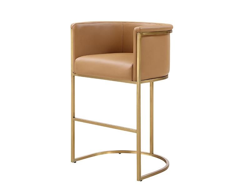 Luxury Design Hotel Bar Furniture Golden Metal Steel Base Leather High Leg Round Stool Cafe Bar Chair for Project