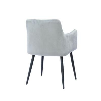 Nordic Modern Home Furniture Grey Velvet Fabric Arm Dining Chair with Metal Legs