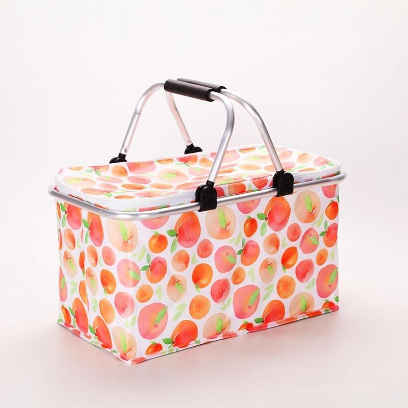 Outdoor Camping Folding Cooler Insulated Picnic Baskets 600d Oxford/Aluminum Frame Handles Foldable Shopping Baskets Picnic Bags
