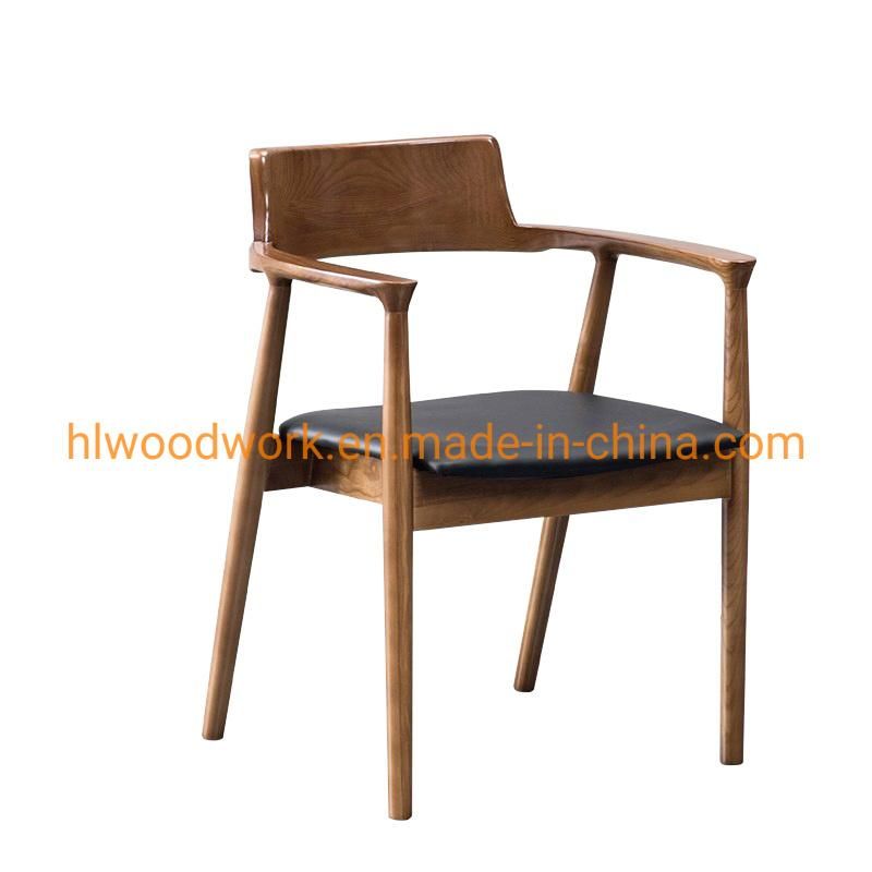 High Quality Hot Selling Modern Design Furniture Dining Chair Oak Wood Walnut Color Black PU Cushion Wooden Chair Furniture Dining Room Arm Chair Dining Chair