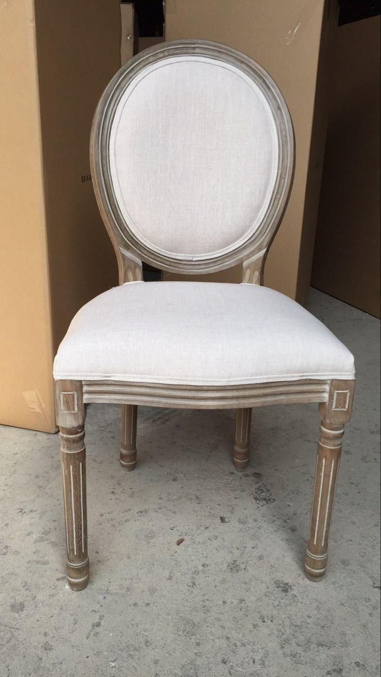 French Solid Wood Rattan Round Back Stackable Louis Chair with Linen Fabric