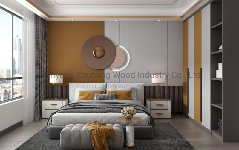 Italy Modern Style Solid Wood Bedroom Furniture Fabric Luxury Hotel Bed Design with High Soft Headboard