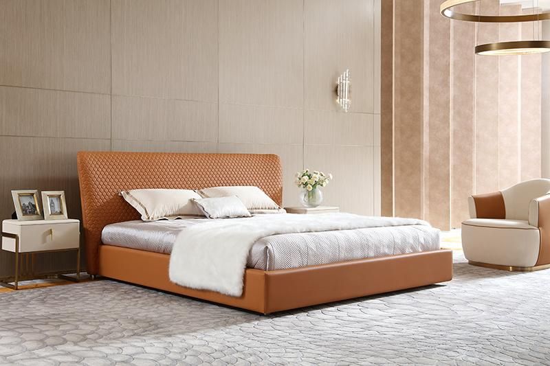 Factory Wholesale Price Home Furniture Solid Wood Frame Nordic PU Leather Luxury Modern Villa Bedroom Furniture Set King Size Bed with Soft Headboard