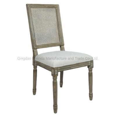 Antique General Use Wooden Round Back French Style Rattan Back Fabric Seat Louis Solid Wood Dining Chair Rectangle Square Back Chair