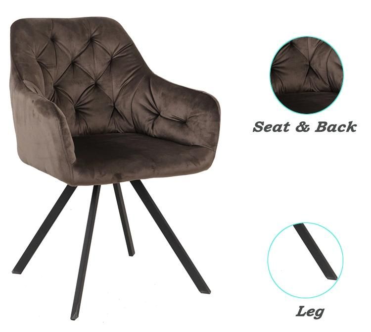 Leisure Home Living Room Bedroom Furniture Upholstered Fabric Velvet Dining Room Chair with Metal Legs for Nordic Modern Restaurant Furniture