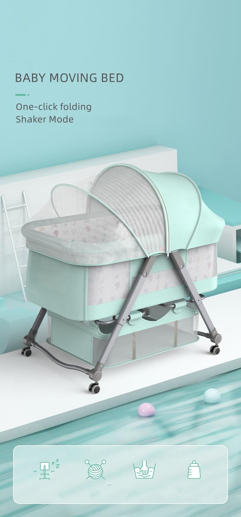 002 Baby Crib Folding Swing 300d Linen Fabric Universal Wheels Adjustable Lifting