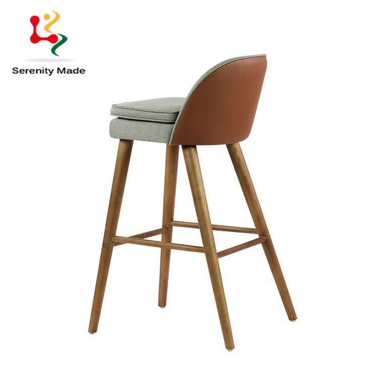 Commercial Nodic Style Restaurtant Fabric Cover Seat Wooden Legs Bar Stool Cafe High Counter Chair