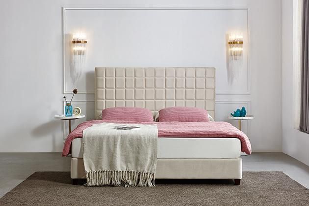 Hot Selling Big Headboard Check Velvet Fabric Queen King Bed for Hotel Home Bedroom Furniture