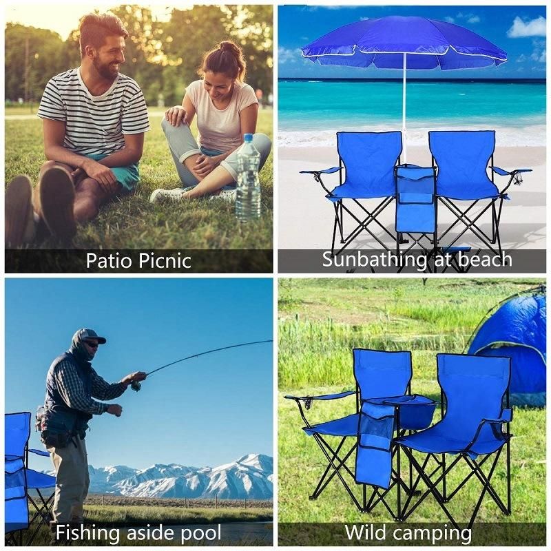 Double Folding Chair with Removable Umbrella Table Cooler Bag for Patio Beach Lawn Picnic Fishing Camping Garden