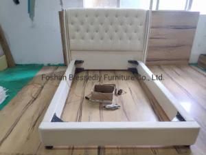 American Style Beige Fabric Bed High Back Rivet Bedhead Bedroom Bed