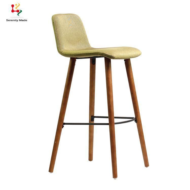 Soild Wooden Leg Hotel Bar Stool Fabric Seat Restaurant Counter Stool with Metal Footrest