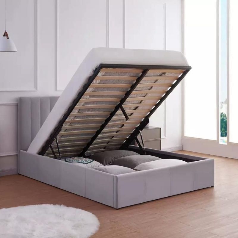 Wholesale Modern Furniture Fabric Slat Dormitory Room King Queen Double Frame Bed with Gas Lift Storage