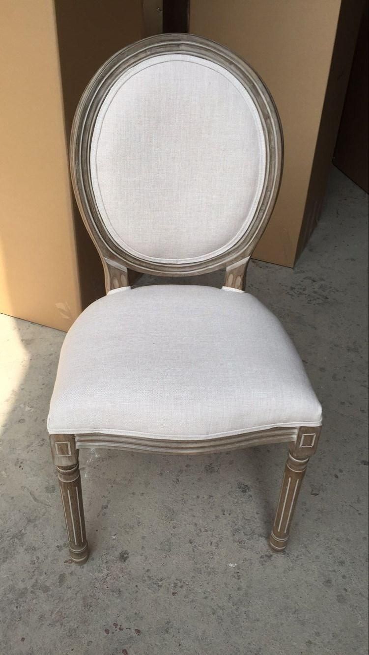 French Solid Wood Rattan Round Back Stackable Louis Chair with Linen Fabric