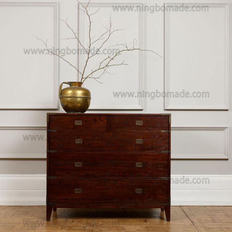 Hot Sale Chinese Classic Style Furniture Waxed Brown Oak Antique Brass Color Metal 5 Drawers Chest Cabinet