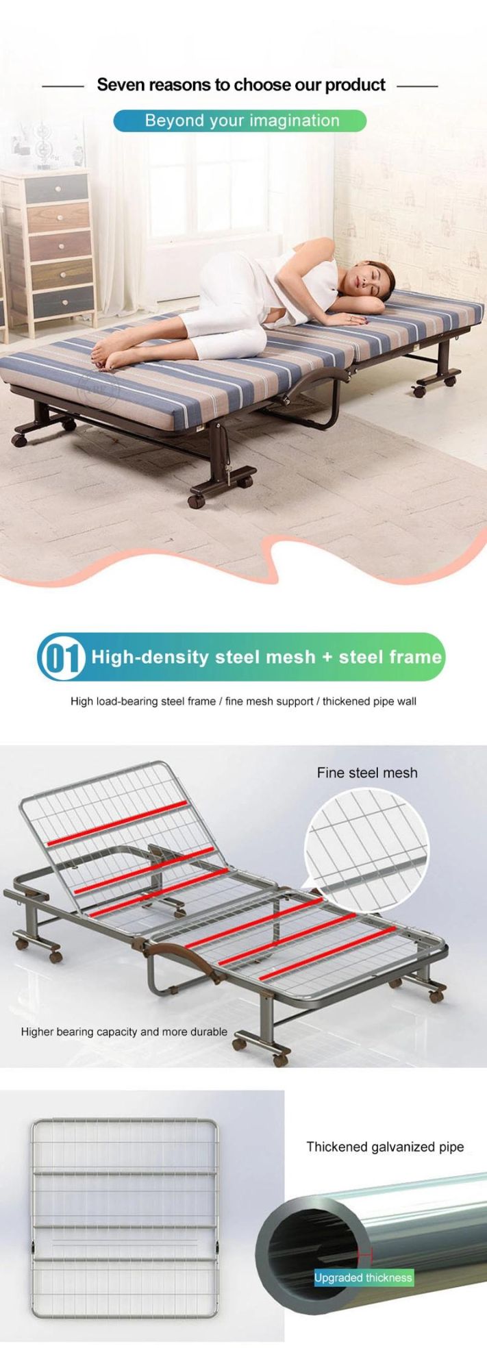 Wholesale Folding Bed Ultralight Chinese Furniture Metal Frame Movable with 2 Cranks