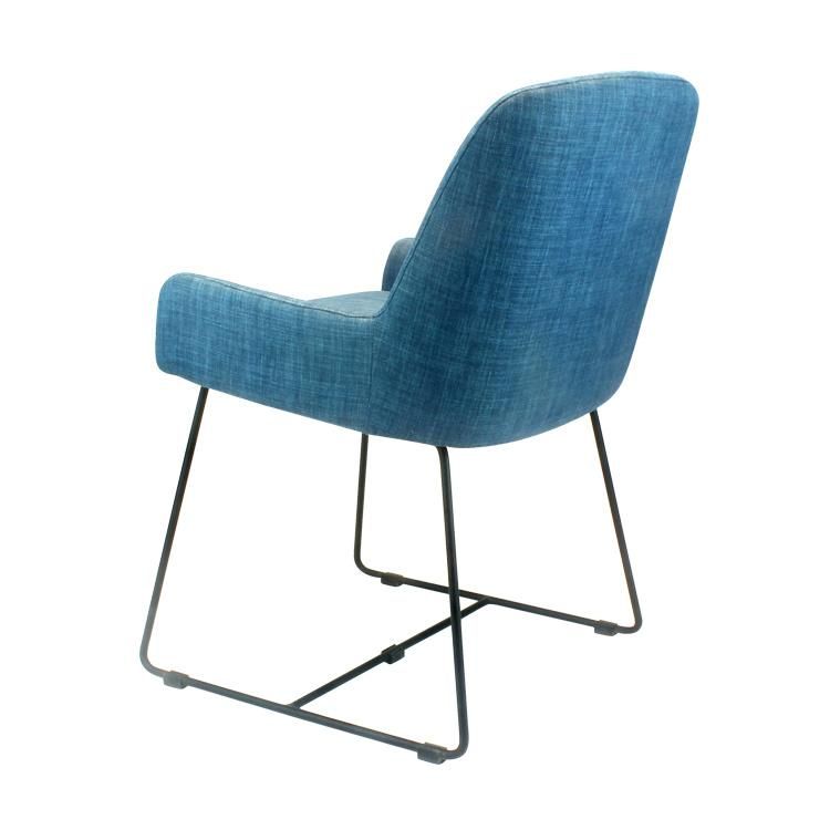 Blue Fabric Seat Armrest Metal Legs Dining Chair for Restaurant Use