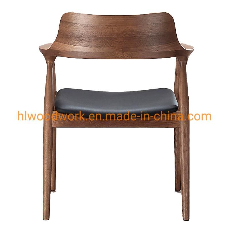 High Quality Hot Selling Modern Design Furniture Dining Chair Oak Wood Walnut Color Black PU Cushion Wooden Chair Furniture Dining Room Arm Chair Dining Chair