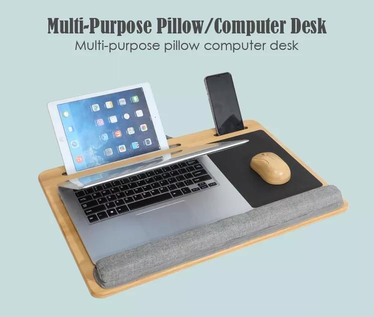 Portable Bamboo Laptop Stand Wooden Lap Tray Bed Sofa Desk with Soft Pillow Cushion Computer Desk with Phone Slot