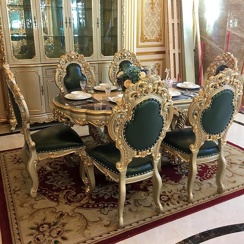 Home Hotel Furniture Antique Luxury Royal Gold 6 Chairs Marble Round Dining Table Set