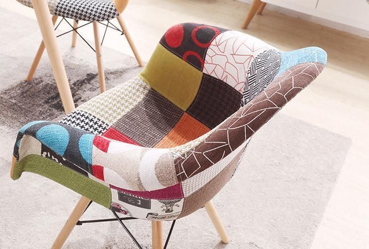 MID-Century Stylish Dining Side Arm Chair Fabric Patchwork Chair