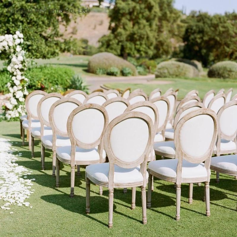 Stacking Upholstery Rustic Wood Louis Chair with Beige Linen Fabric