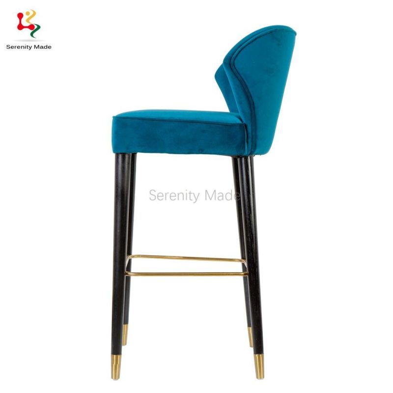 Commercial Blue Height Bar Stool Furniture Fabric Upholstered Restaurant Stool with Brass Footrest