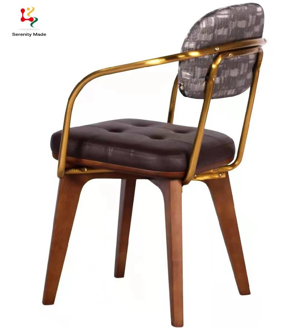 Cafe Furniture Wooden Frame Metal Arm Customize Fabric Dining Chair