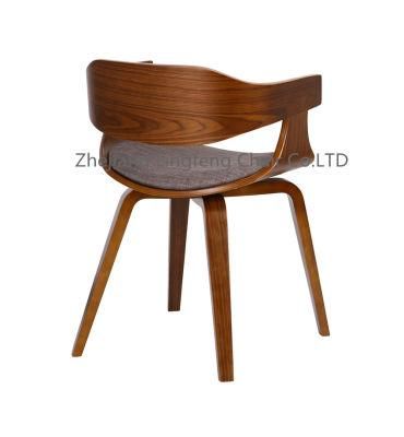 Curved Solid Wood Walnut Plywood Grey Fabric Lounge Dining Chairs for Dining Room, Living Room, Hotels