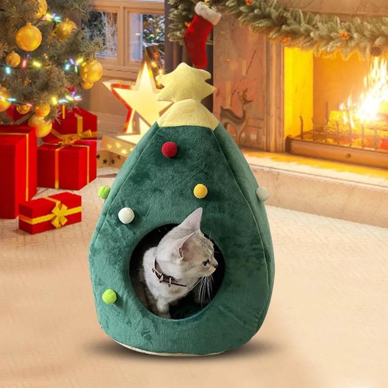 Christmas Cat Bed Self Warming with Mattress Puppy Cage Lounger Cute Pet House