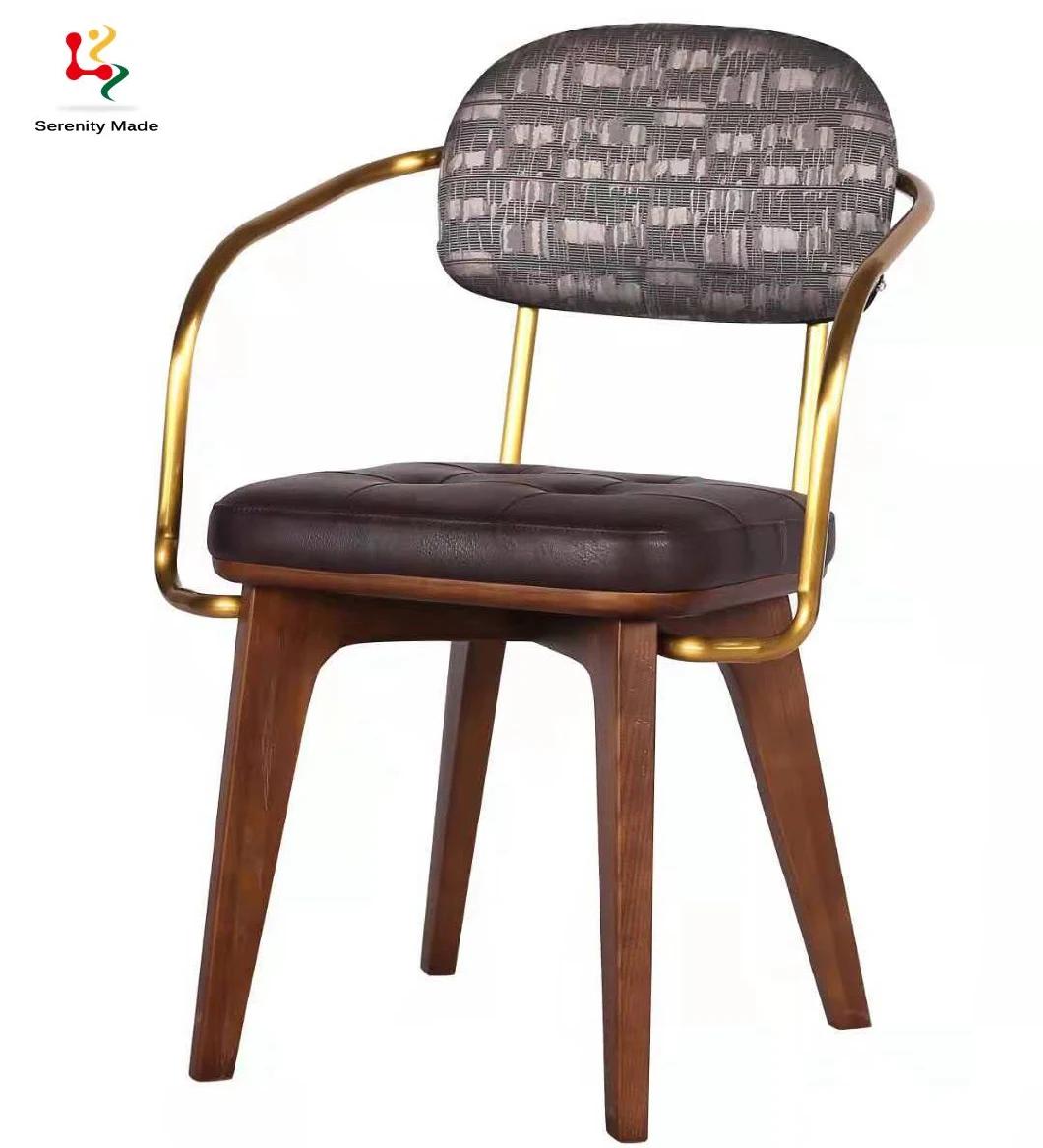 Cafe Furniture Wooden Frame Metal Arm Customize Fabric Dining Chair