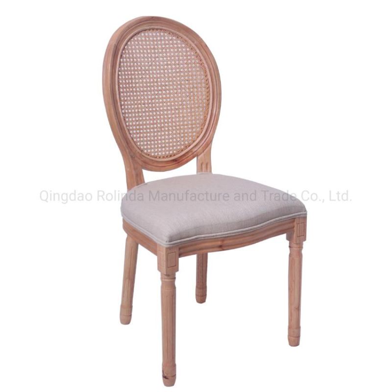 Antique General Use Wooden Round Back French Style Rattan Back Fabric Seat Louis Solid Wood Dining Chair Rectangle Square Back Chair