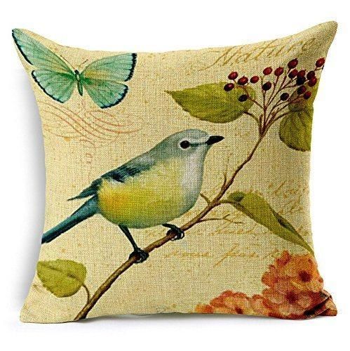 Cozy Bird Printing Throw Cushion on Sofa Linen Fabric