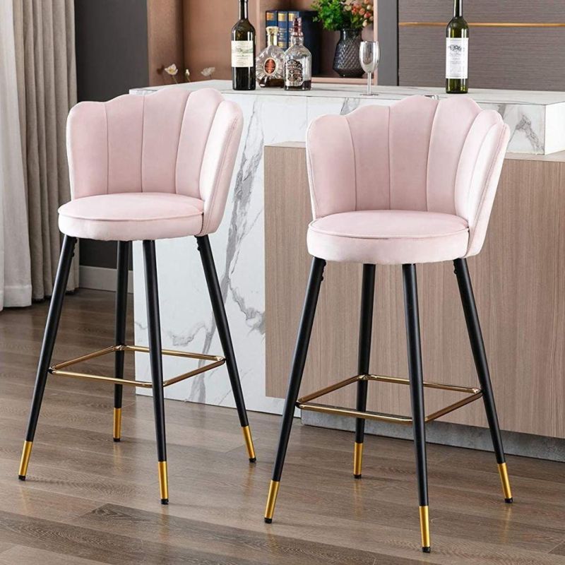 Upholstered Backrest Petal Design Metal Frame Golden Footrest Velvet Bar Stool for Breakfast Home Counter Kitchen