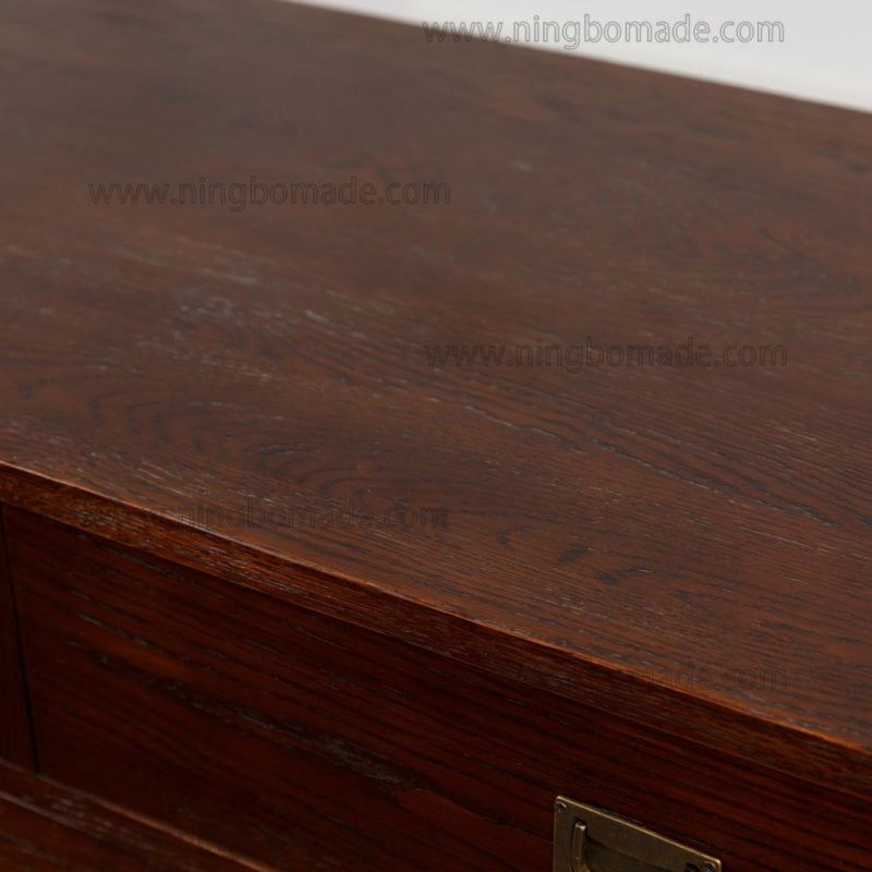 Hot Sale Chinese Classic Style Furniture Waxed Brown Oak Antique Brass Color Metal 5 Drawers Chest Cabinet