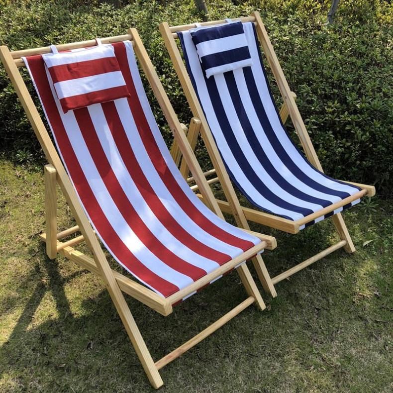 Adjustable Height Foldable Wooden Beach Chair with Pillow Red Stripe Pattern Moon Chair