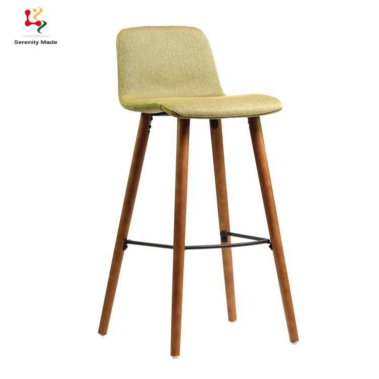 Soild Wooden Leg Hotel Bar Stool Fabric Seat Restaurant Counter Stool with Metal Footrest