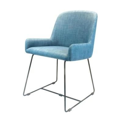 Blue Fabric Seat Armrest Metal Legs Dining Chair for Restaurant Use