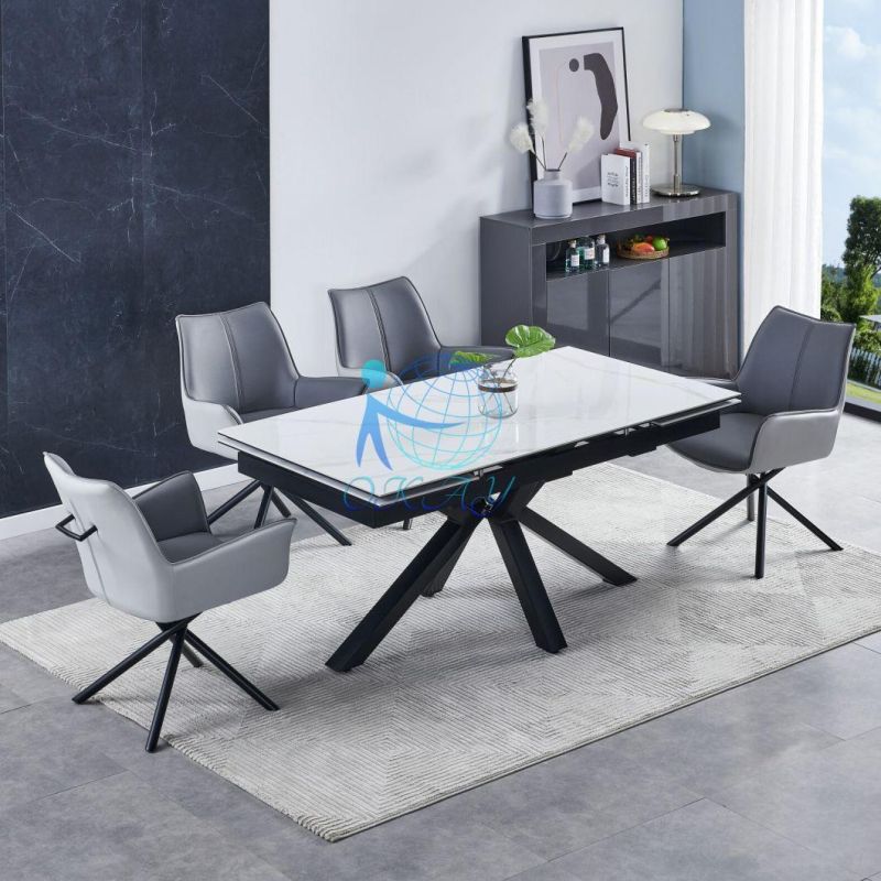 2022 New Design High Gloss Ceramic Top Extentable Big Size Dining Table with Metal Base