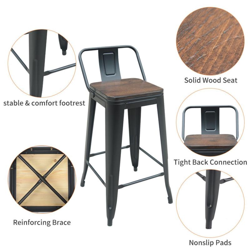 Low Back Industrial Counter High Bar Stool Metal Bar Stool with Wooden Board Seat