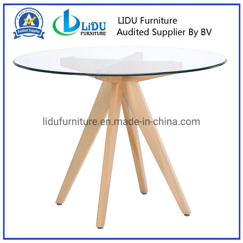 Best Price Glass Transparent Round Coffee Dining Table with Wooden Legs Dining Table Set